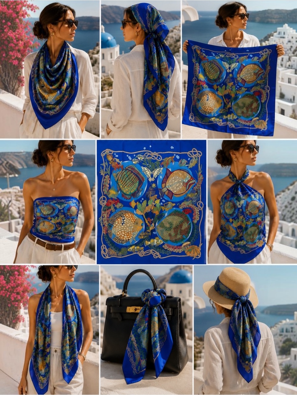 Authentic Hermès “Grands Fonds” Carré 90 Silk Scarf | Annie Faivre | Bleu Marine